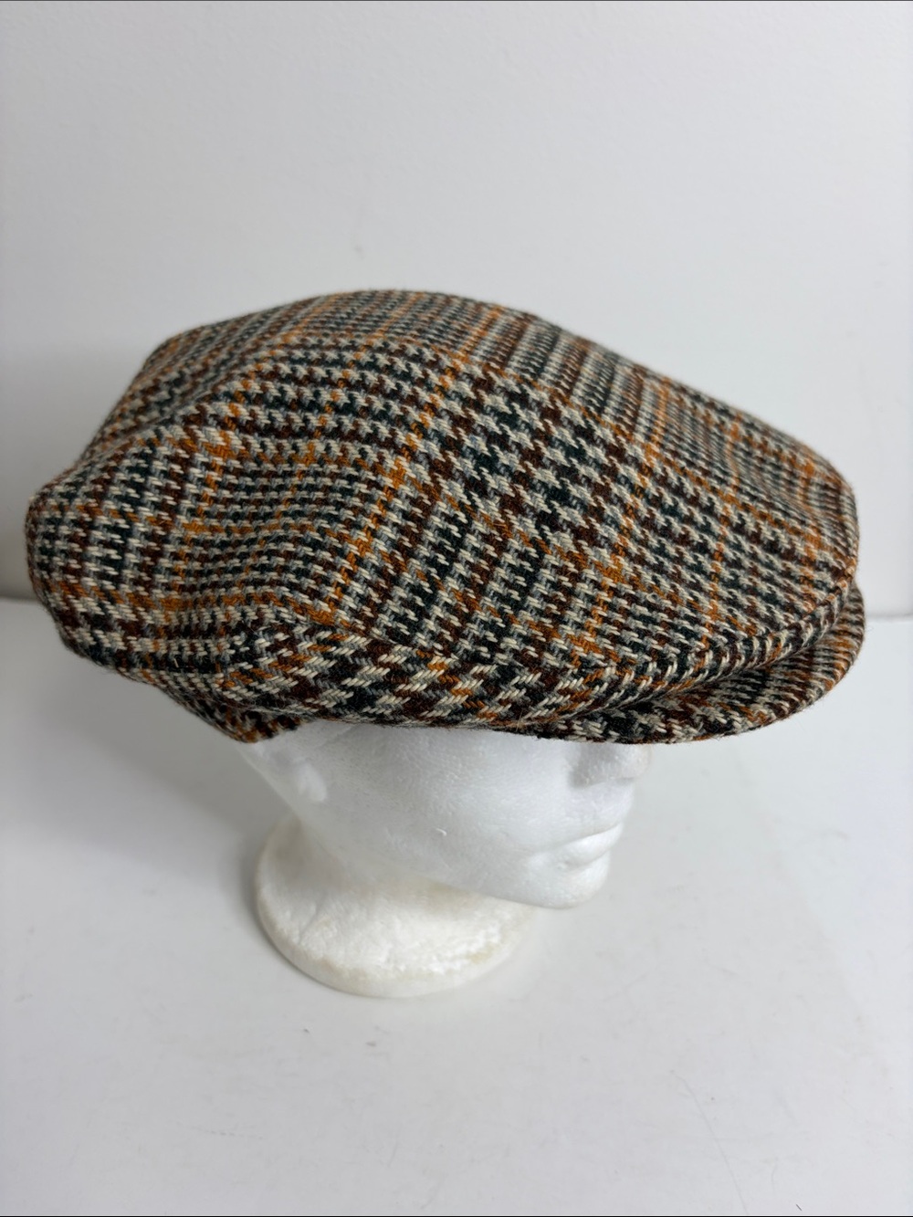 Vintage Flat Cap Mens 6 7/8 Brown Beige Houndstooth Windowpane Wool Tweed Hat